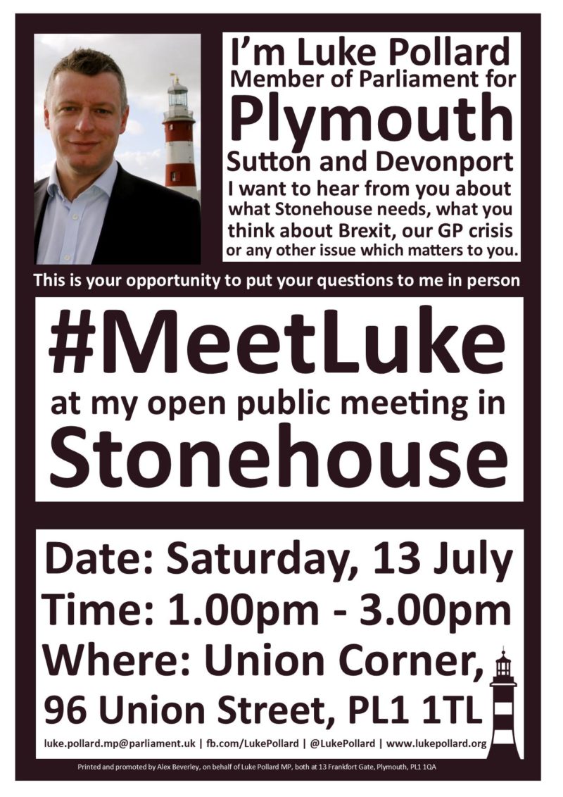 The next #MeetLuke is going to be held at Union Corner, 96 Union Street, PL1 1TL on Saturday, 13 July between 1pm and 3pm.