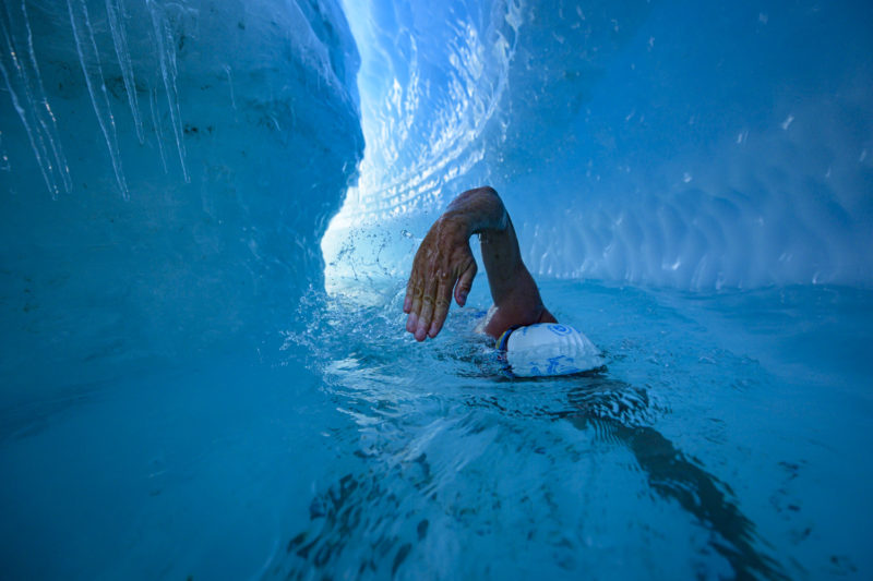Lewis Pugh completing his swim in Antartic waters