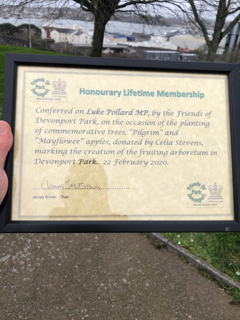 The Friends of Devonport Park awarded Luke an Honourary Lifetime Membership to the park as part of the ceremony.