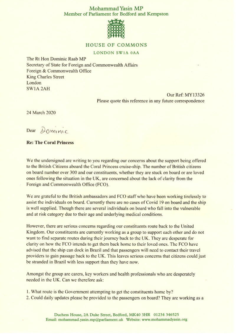 The letter was drafted by Mohammad Yasmin MP