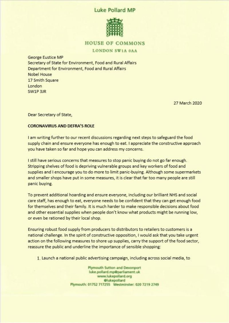 Luke wrote the letter in his role as Shadow Secretary of State for the Environment, Food and Rural Affairs