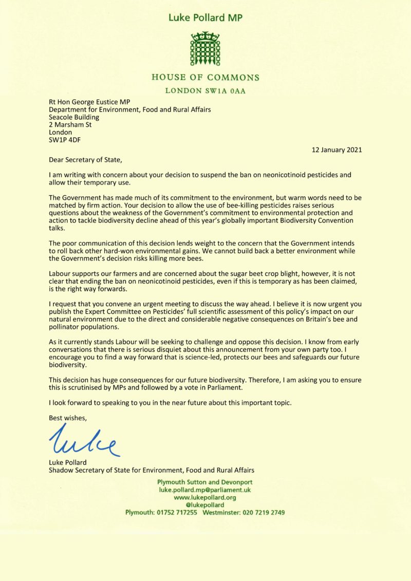 A letter from Luke to George Eustice, the Environment Secretary, asking Mr Eustice to reverse lifting the ban.