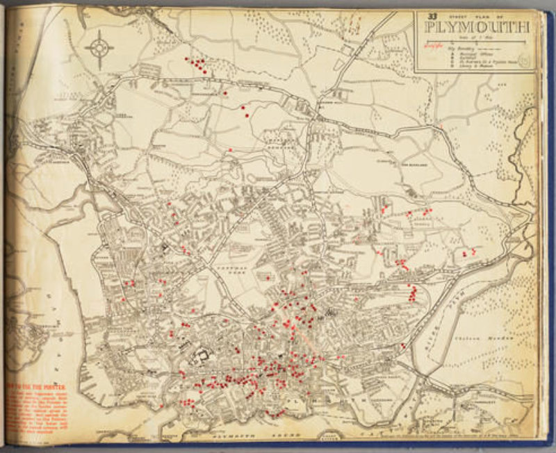 “Bomb book” - Provided by The Box, Plymouth: plans of Plymouth City area with record of major air raids and bombs dropped during those raids. At front: list of raids, 6 July, 1940-30 April, 1944. 