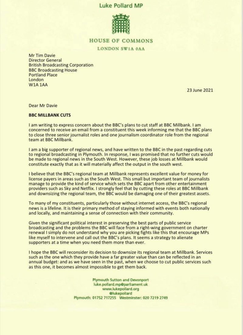 Luke Pollard MP letter to BBC Director General