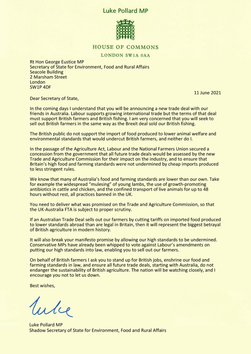 Letter to Environment Secretary George Eustice. 