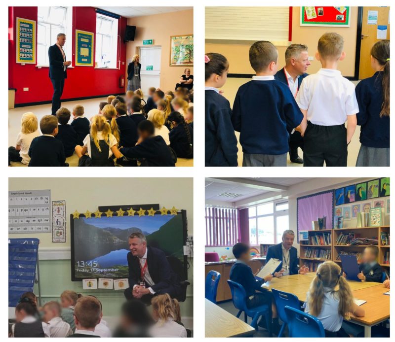 Four photos of Luke visiting primary schools