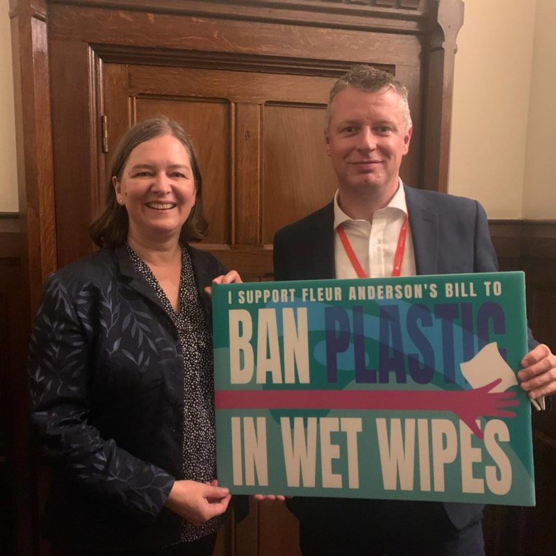 Luke with Fleur Anderson supporting the bill to ban plastics in wet wipes