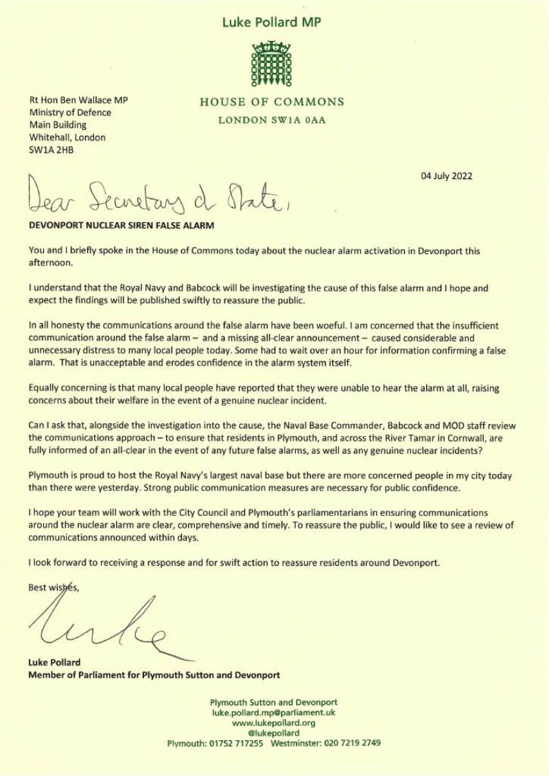 Luke has written to the Ministry of Defence, calling for an urgent review of alarm communications