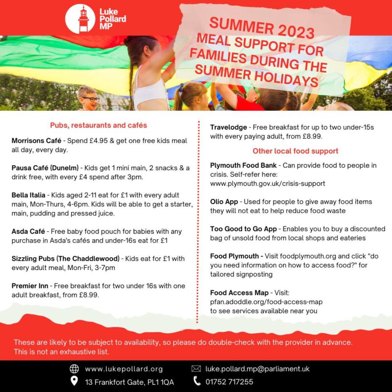 Summer 2023 meal support for Plymouth families during the summer holidays