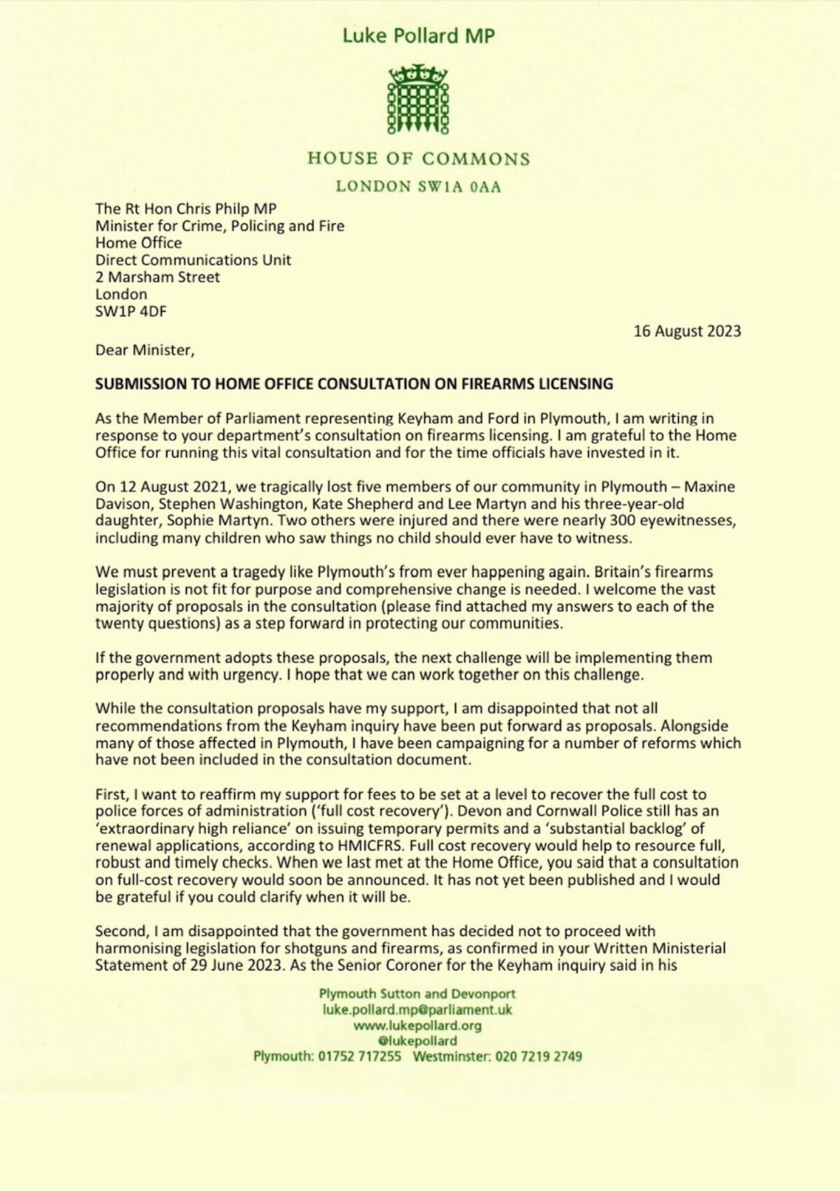 Luke Pollard letter to the Minister for Crime, Policing and Fire