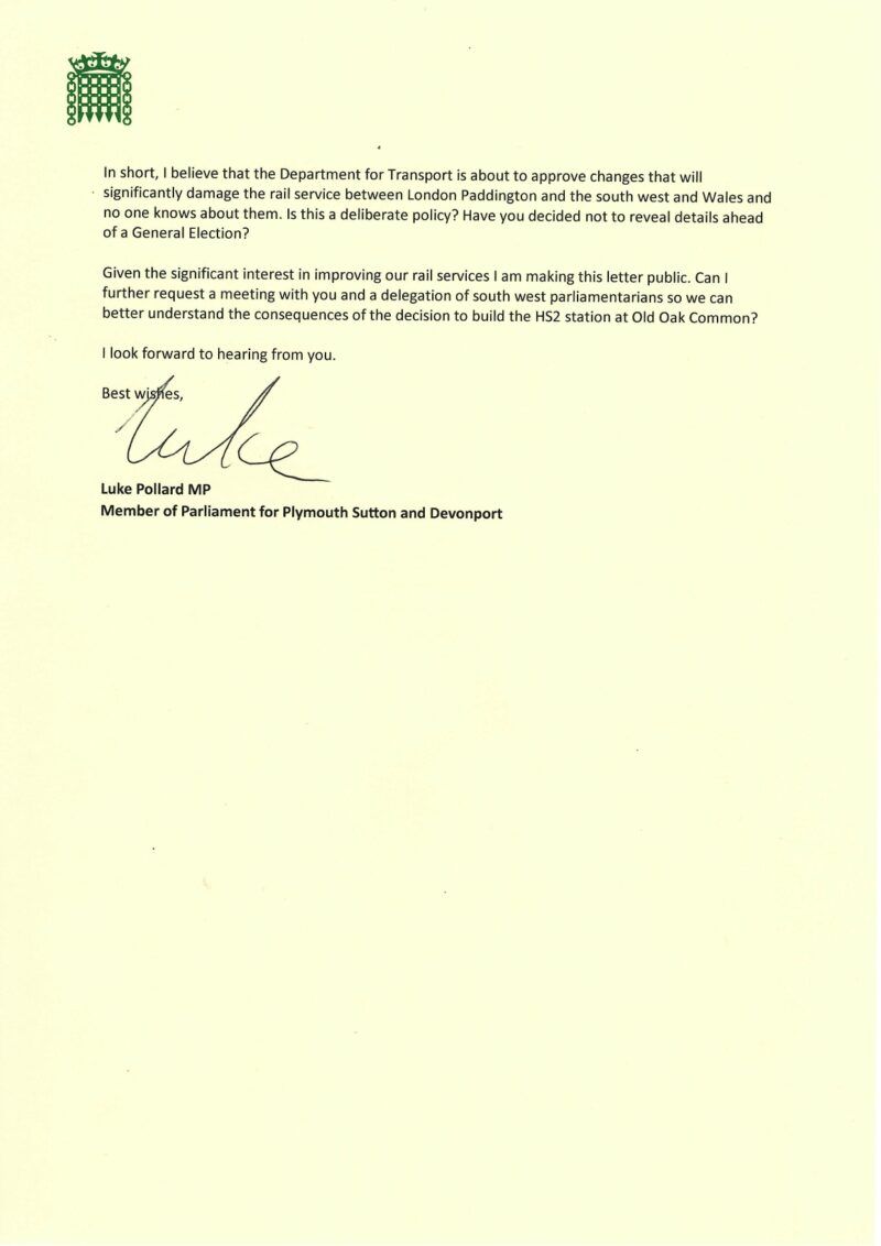 Letter from Luke to Mark Harper MP, Secretary of State for Transport.